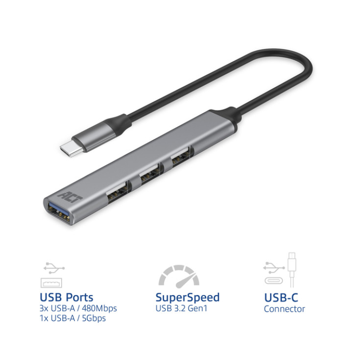 Hub ACT USB-C 3x USB-A 2.0 en 1x USB-A 3.0