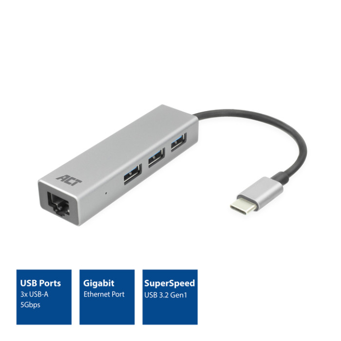 Hub ACT USB-C 3.0 3x USB-A Gigabit ethernet