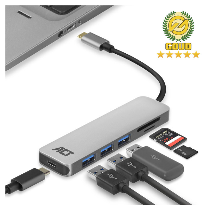 Hub ACT USB-C 3.0, 3x USB-A cardreader PD p-through