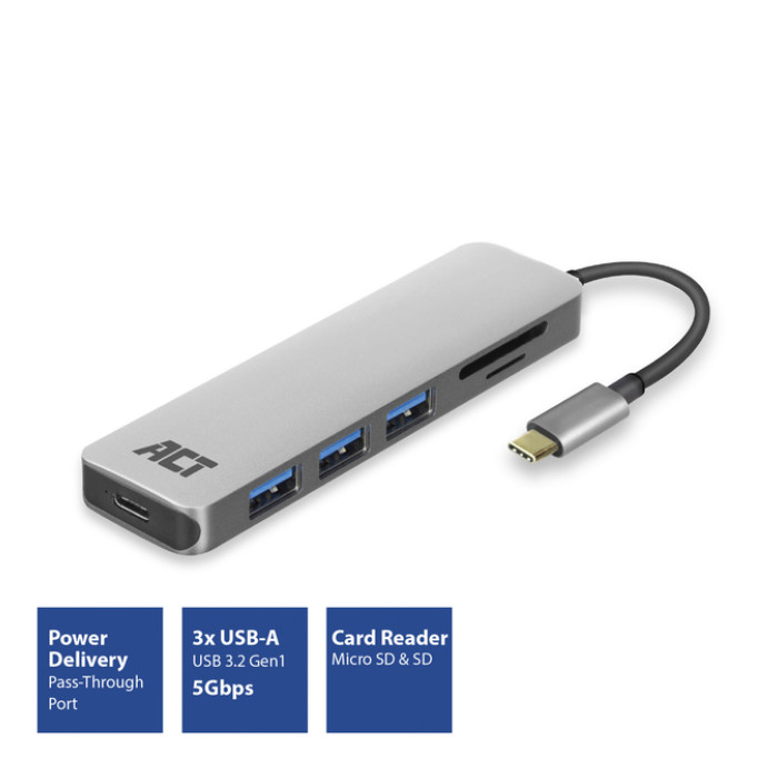 Hub ACT USB-C 3.0, 3x USB-A cardreader PD p-through