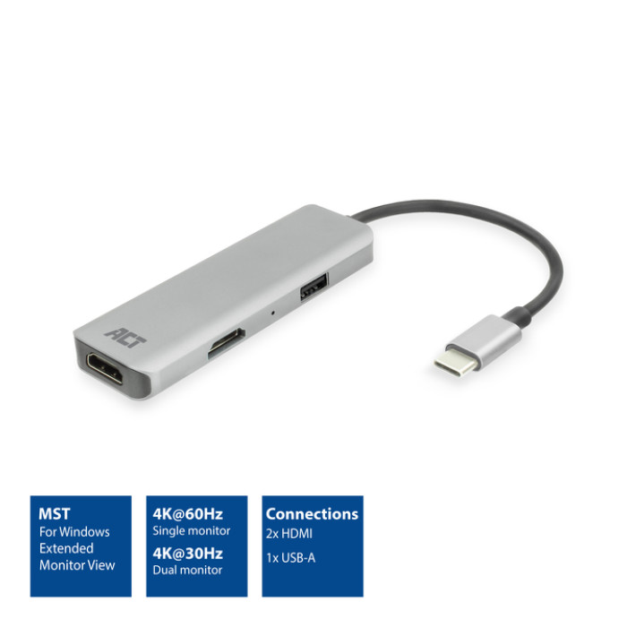 Adapter ACT USB-C 4K multiport voor 2 HDMI monitoren