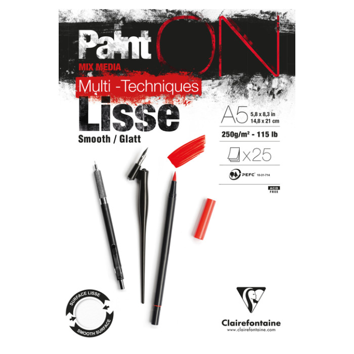 Tekenblok Clairefontaine Paint On A5 glad 25 vel 250gr wit