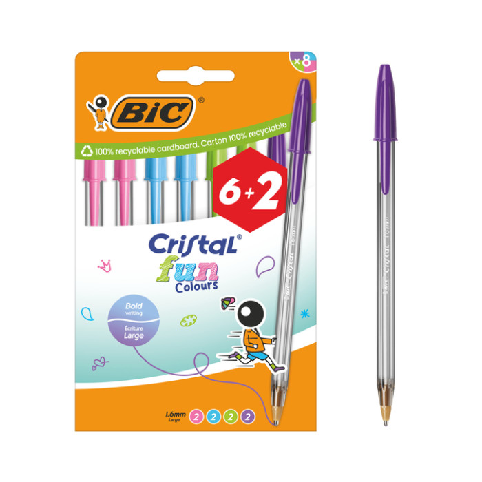 Balpen Bic Cristal fun  6+2 gratis L assorti