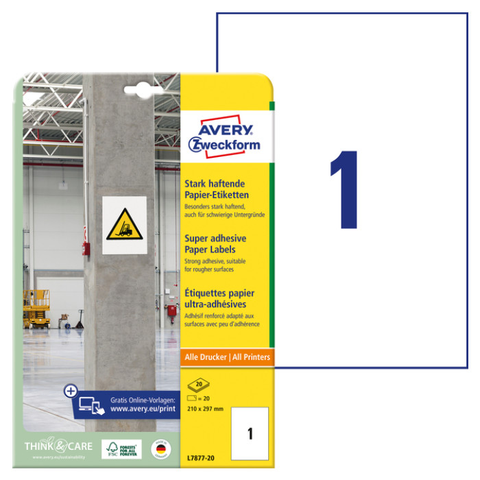 Etiket Avery Zweckform L7877-20 210x297mm 20st