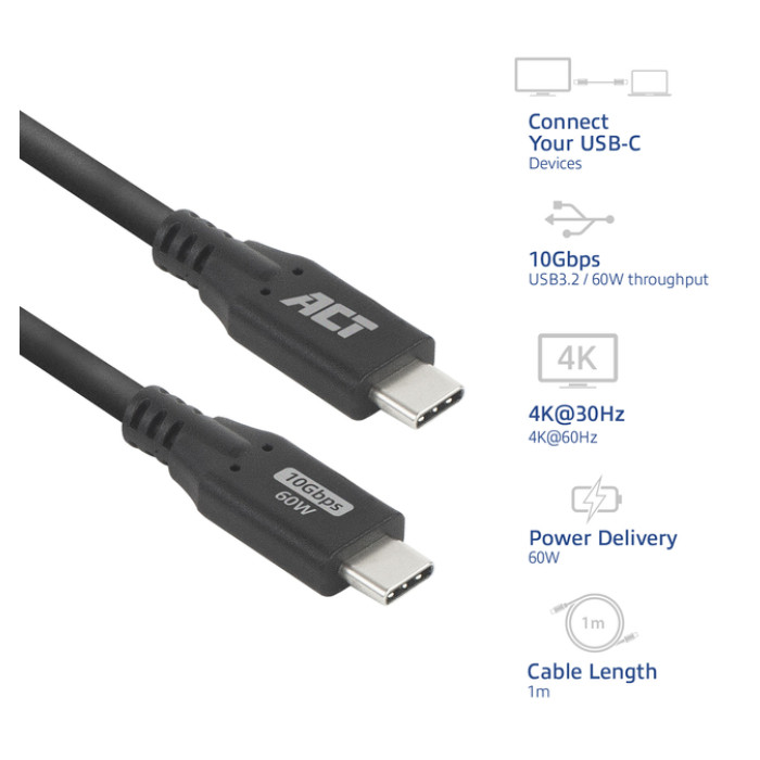 Kabel ACT USB-C 3.0 10Gbps 60W USB 1 meter