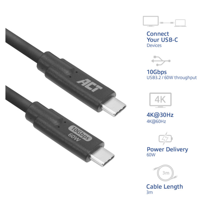 Kabel ACT USB-C 3.0 10Gbps 60W USB 3 meter