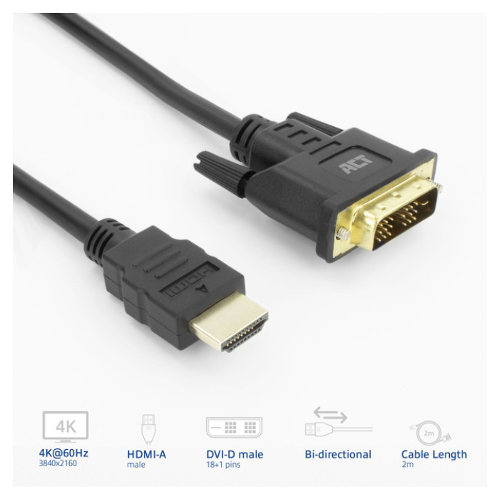 Kabel ACT HDMI DVI 18+1 pin M/M zwart 2 meter