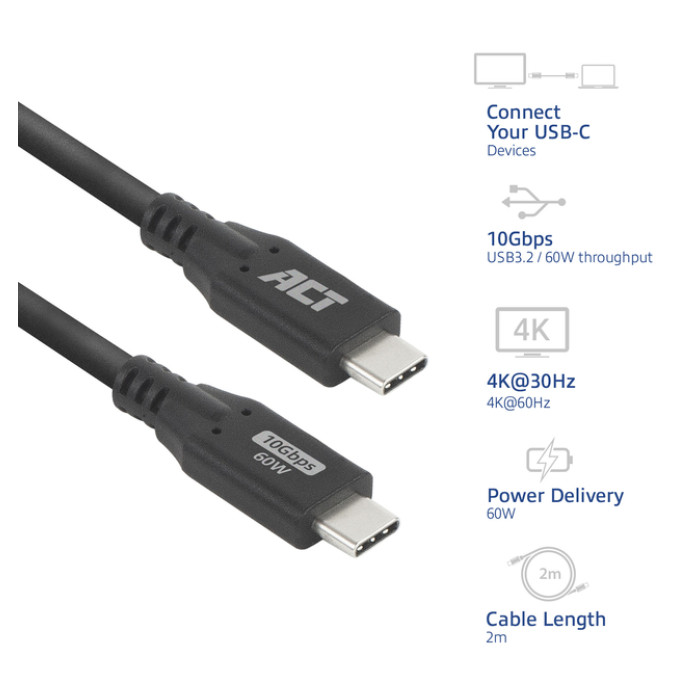 Kabel ACT USB-C 3.2 GEN.2 M/M zwart 2 meter