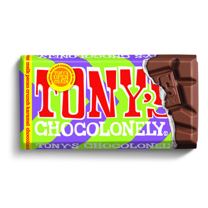 Chocolade Tony's Chocolonely melk karamel pecan crunch reep 90 gram