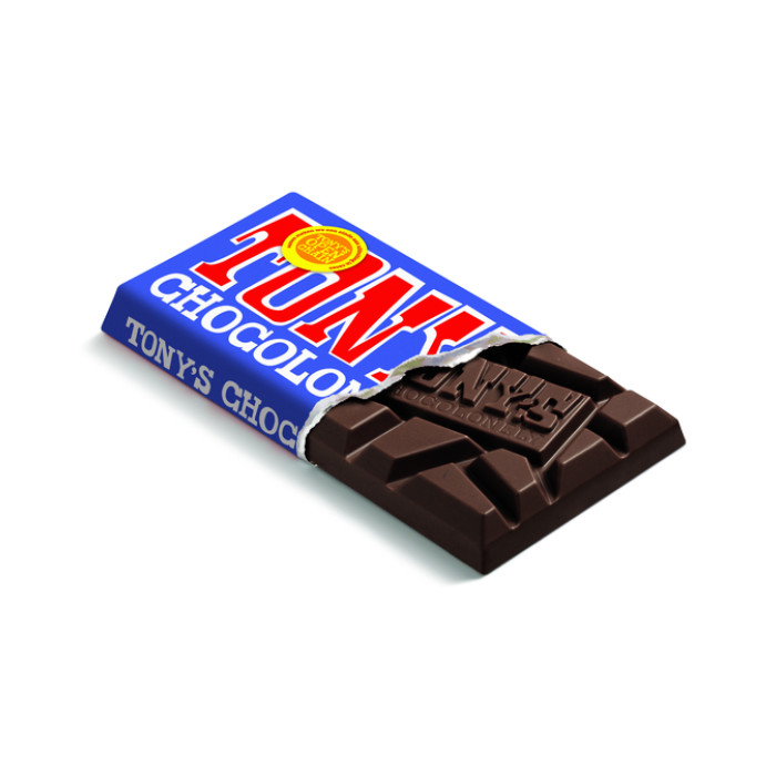 Chocolade Tony's Chocolonely donkere melk pretzel toffee reep 90 gram