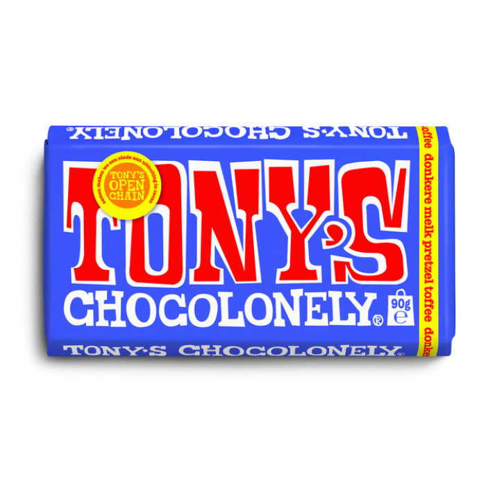 Chocolade Tony's Chocolonely donkere melk pretzel toffee reep 90 gram