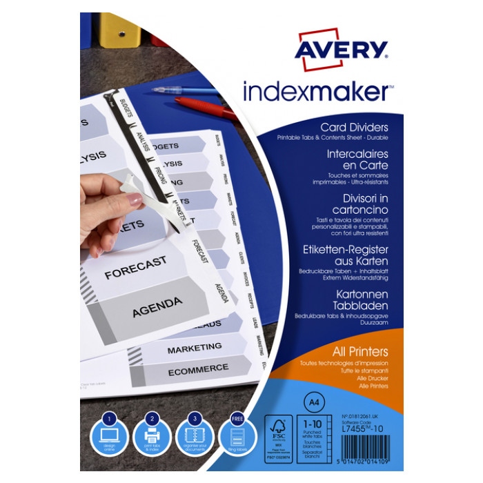 Tabbladen Avery Indexmaker 9-gaats 10-delig wit