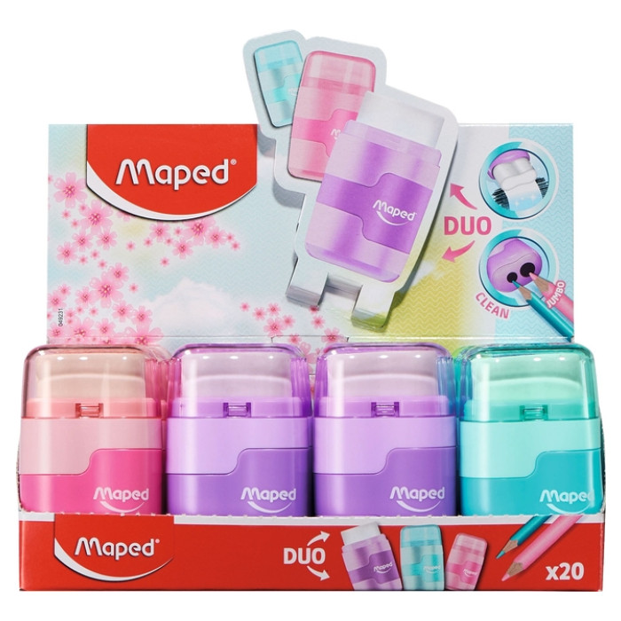 Puntenslijper Maped Connect 2gaats met gum display á 20 stuks pastel assorti