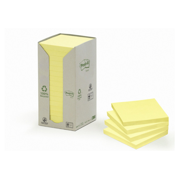 Memoblok Post-it 654 76x76mm recycled pastel geel 16 stuks