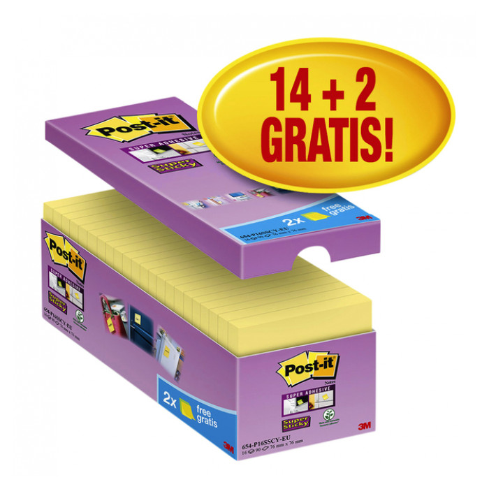 Memoblok 3M Post-it 654 Super Sticky 76x76mm geel 14+2 gratis