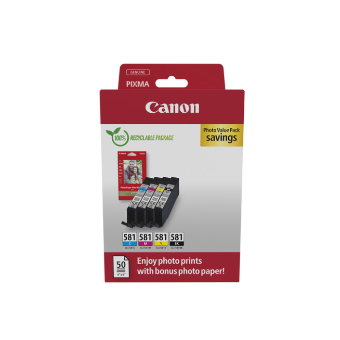 Inktcartridge Canon CLI-581 4 kleuren + 50vel fotopap 10x15cm