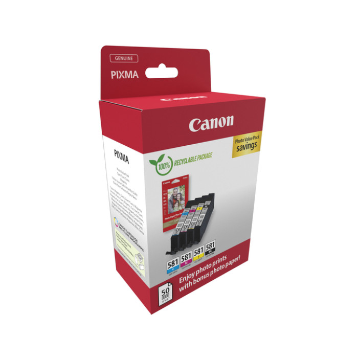 Inktcartridge Canon CLI-581 4 kleuren + 50vel fotopap 10x15cm