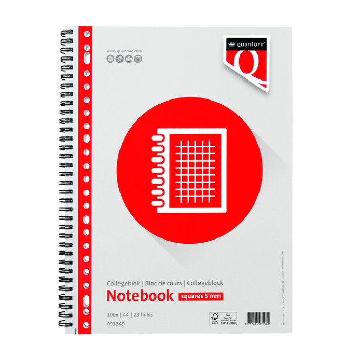 Collegeblok Quantore A4 ruit 5mm 23-gaats 100 vel 70gr