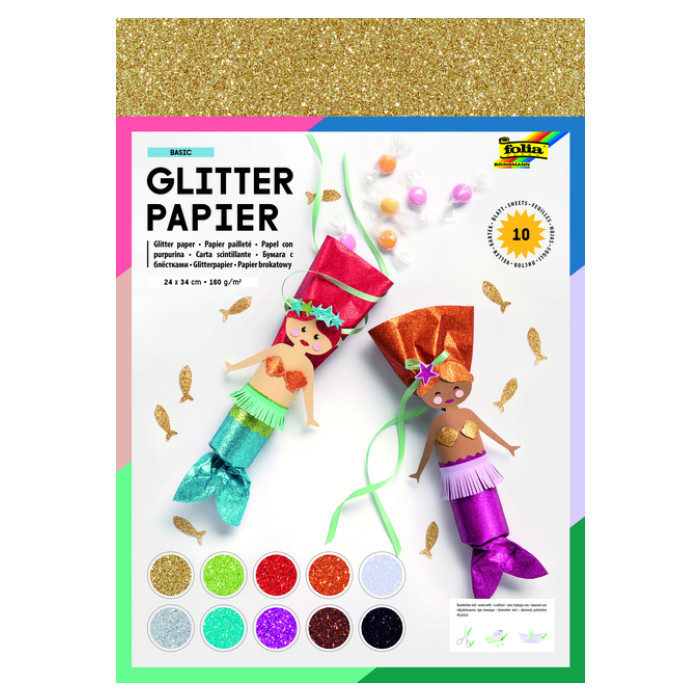 Glitterpapier Folia 1-zijdig 24x34cm 170gr 10 vel assorti