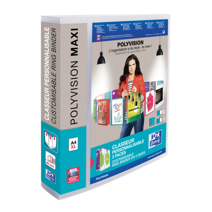 Presentatieringband Oxford Polyvision Maxi A4 XL 4-rings D-mech 40mm transparant