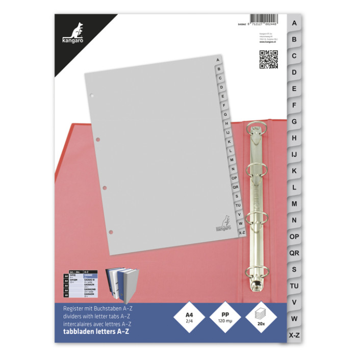 Tabbladen Kangaro 4-gaats G420AZ 20-delig alfabet grijs PP