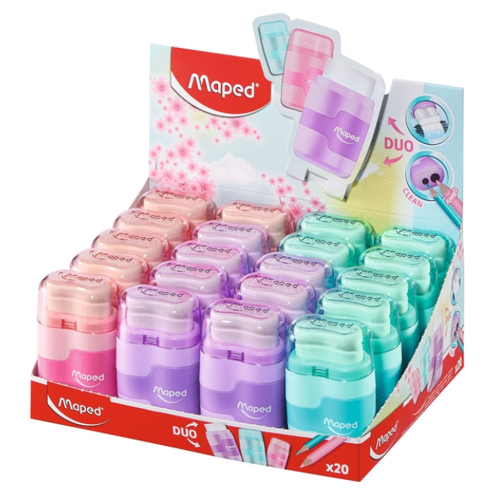 Puntenslijper Maped Connect 2gaats met gum display á 20 stuks pastel assorti