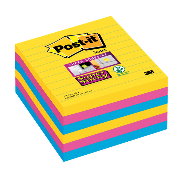 Memoblok Post-it 675 Super Sticky 101x101mm lijn Rio 6 stuks