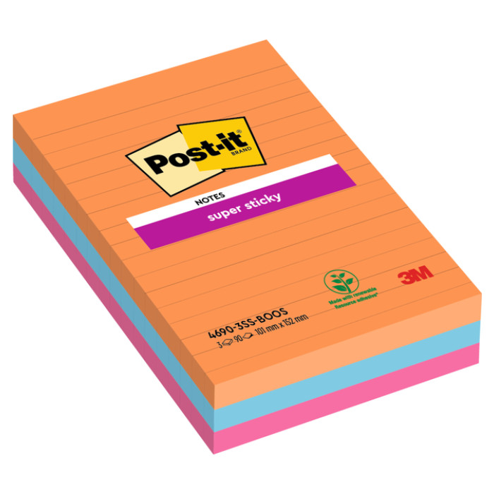 Memoblok Post-it 4690 Super Sticky 101x152mm lijn Bangkok 3 stuks