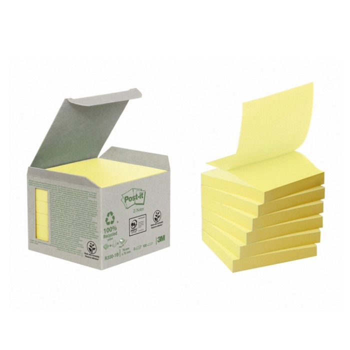 Memoblok Post-it Z-Note R330-1B recycled 76x76mm canary yellow 6 stuks