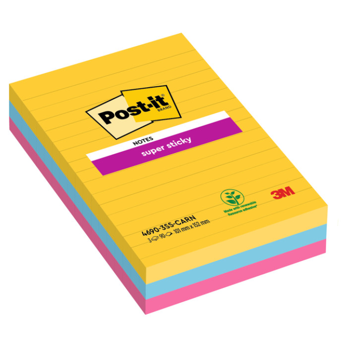 Memoblok Post-it 4690 Super Sticky 101x152mm lijn Carnival 3 stuks