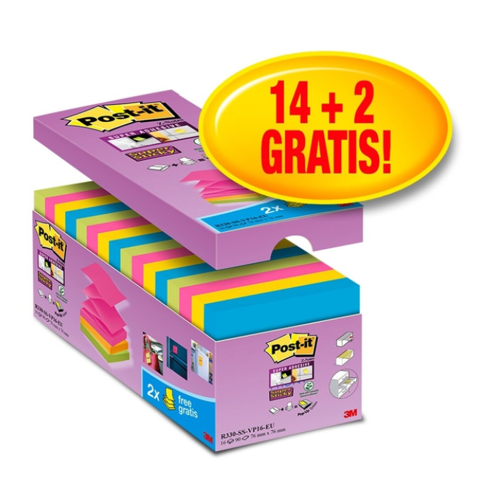 Memoblok Post-it Z-Note S330 Super Sticky 76x76mm 14+ 2 assorti