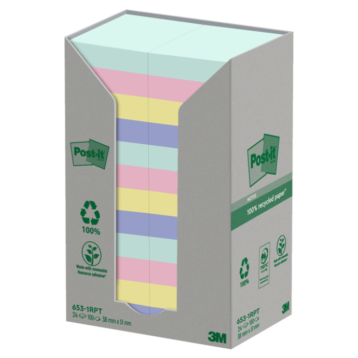 Memoblok Post-it 653-RPT 38x51mm rainbow pastel 24 stuks