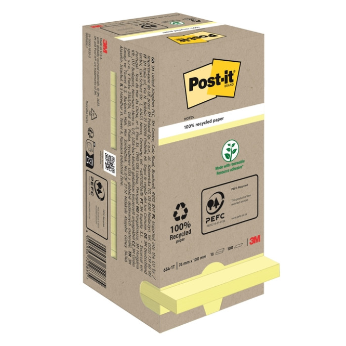 Memoblok Post-it 654 76x76mm recycled pastel geel 16 stuks
