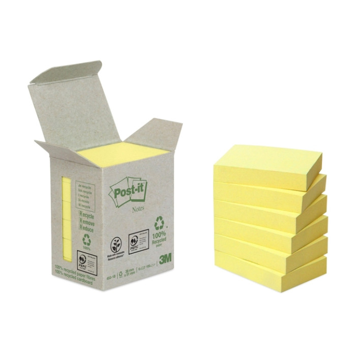 Memoblok Post-it 653-1B recycled 38x51mm canary yellow 6 stuks