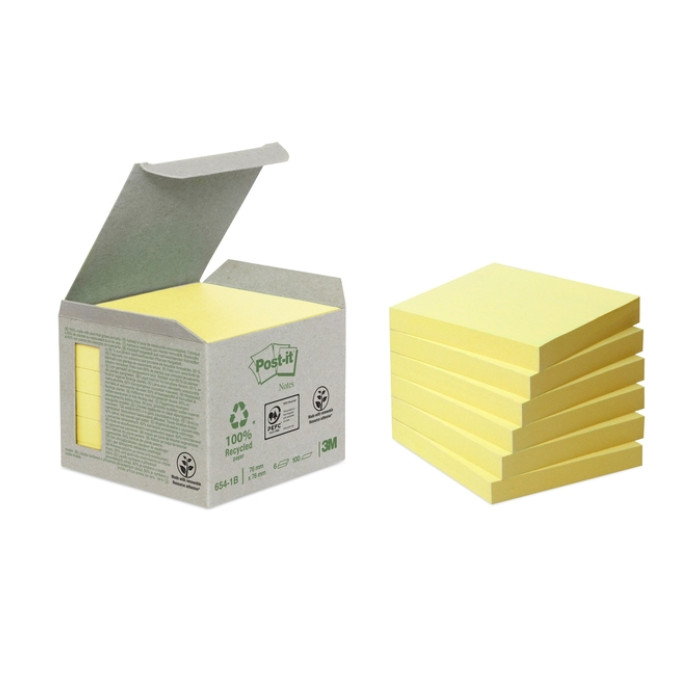 Memoblok Post-it 654-1B 76x76mm recycled geel 6 stuks