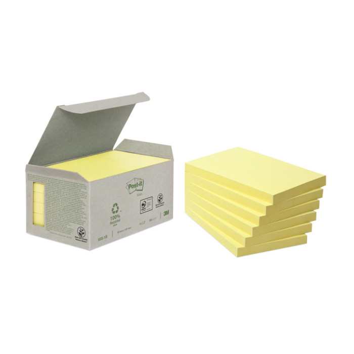 Memoblok Post-it 655-1B recycled 76x127mm canary yellow 6 stuks