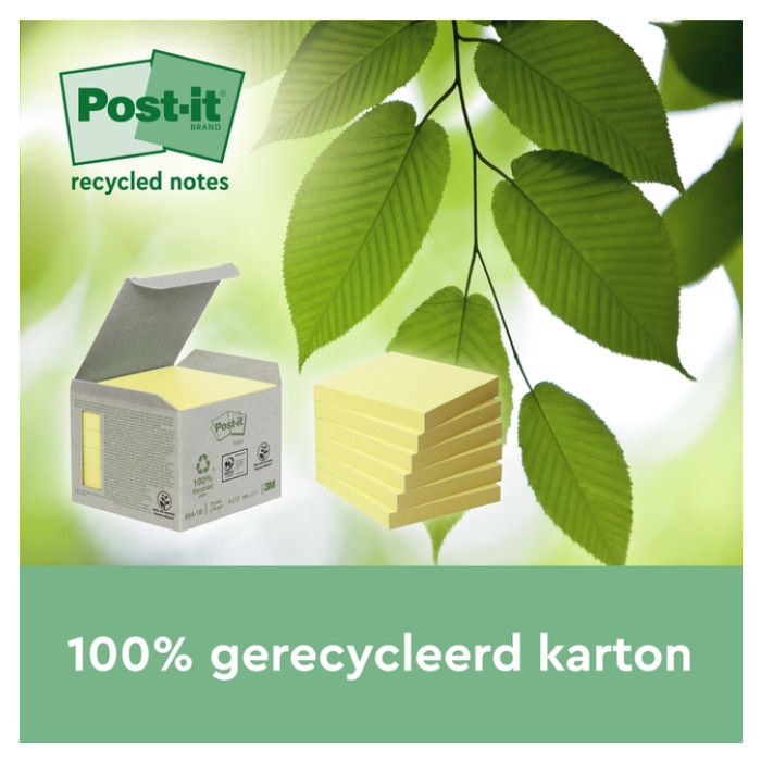 Memoblok Post-it 655-1B recycled 76x127mm canary yellow 6 stuks