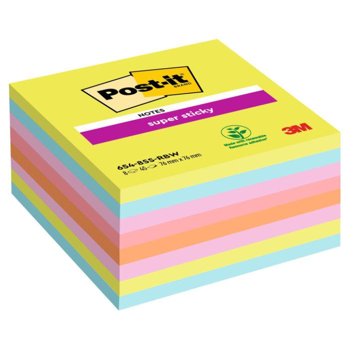 Memoblok Post-it 654 Super Sticky 76x76mm rainbow 8 stuks