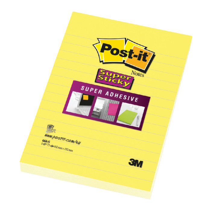Memoblok Post-it 660 Super Sticky 102x152 geel met lijn 75 vel