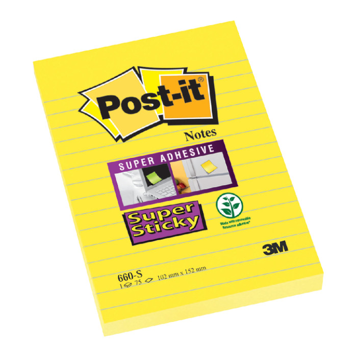 Memoblok Post-it 660 Super Sticky 102x152 geel met lijn 75 vel