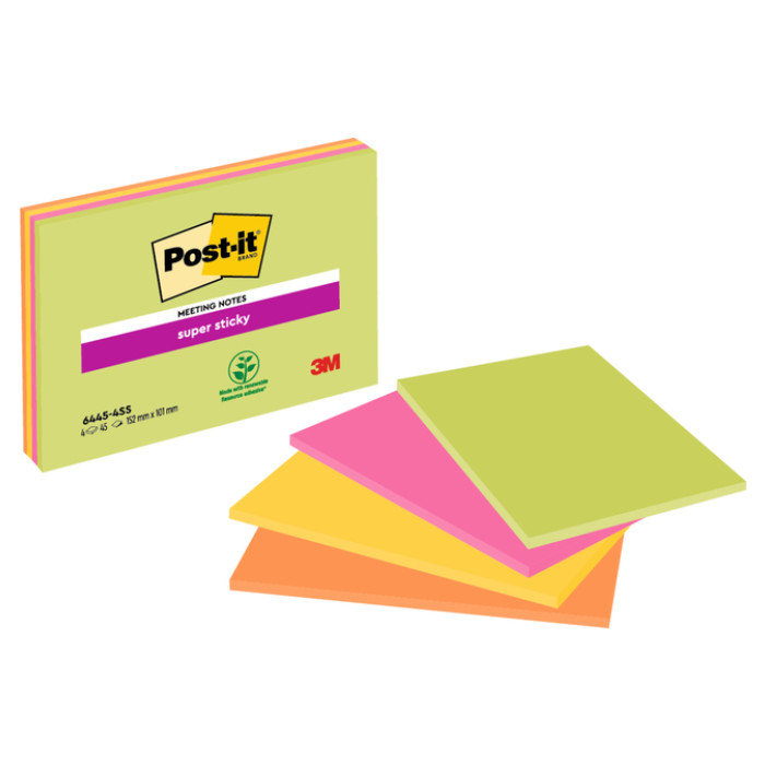 Memoblok Post-it 6445 Super Sticky 152x101mm assorti 4 stuks