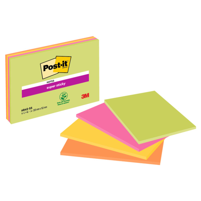 Memoblok Post-it 6845 Super Sticky 203x152mm assorti 4 stuks