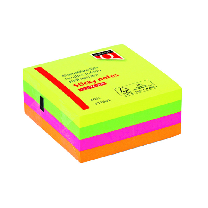 Memoblok Quantore 76x76mm neon kleuren assorti 4 kleuren 400 vel