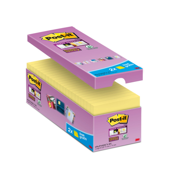 Memoblok Post-it 654 Super Sticky 76x76mm geel 14+2 gratis