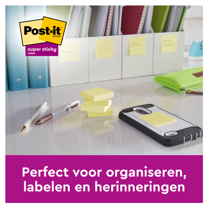 Memoblok Post-it 654 Super Sticky 76x76mm geel 14+2 gratis
