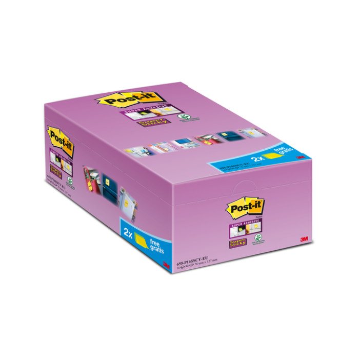 Memoblok Post-it 655 Super Sticky 76x127mm geel 14+2 gratis