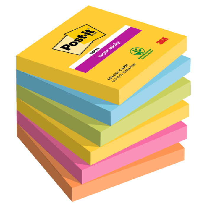 Memoblok Post-it 654 Super Sticky 76x76mm Carnival 6 stuks