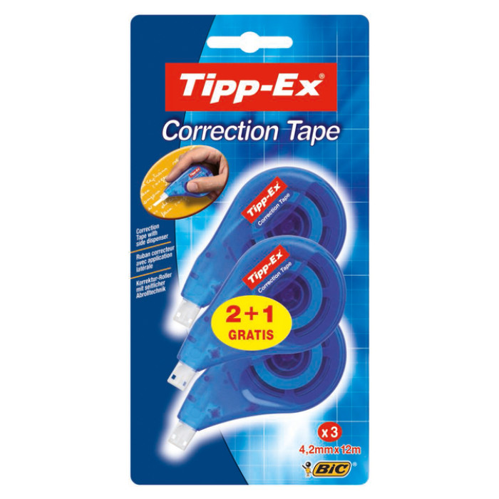 Correctietape Tipp-Ex zijwaarts 4.2mmx12m blister 2+1 gratis