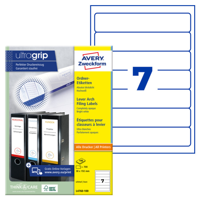 Rugetiket Avery smal 38x192mm zelfklevend wit 100 vel