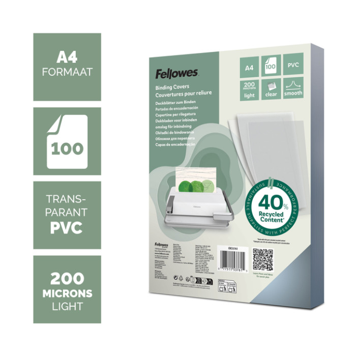 Voorblad Fellowes A4 PVC 200micron recycled 100 stuks